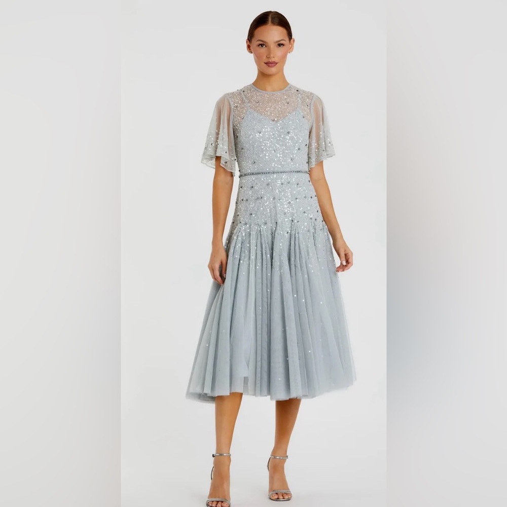 Mac Duggal Silver/Sly blue Sequin Midi Dress